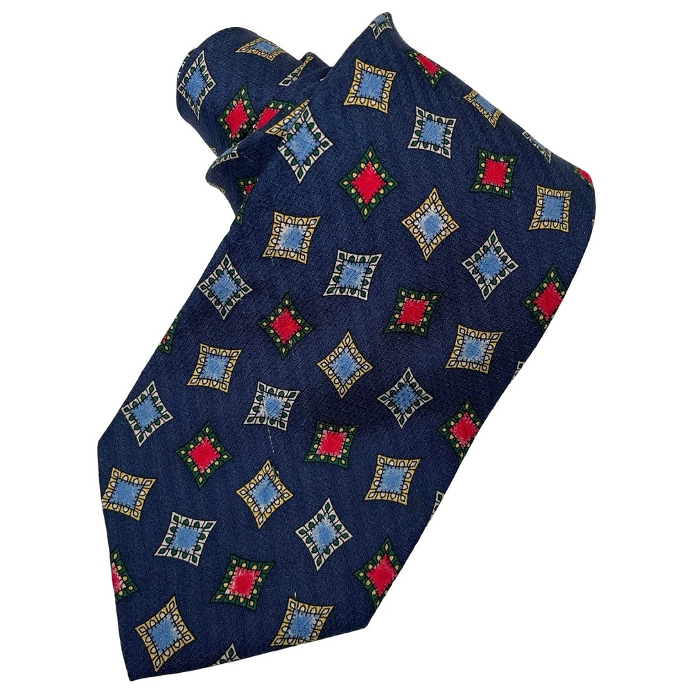 Vintage Jos A Bank Premier Collection Sill Tie Necktie Blue Geometric Diamond